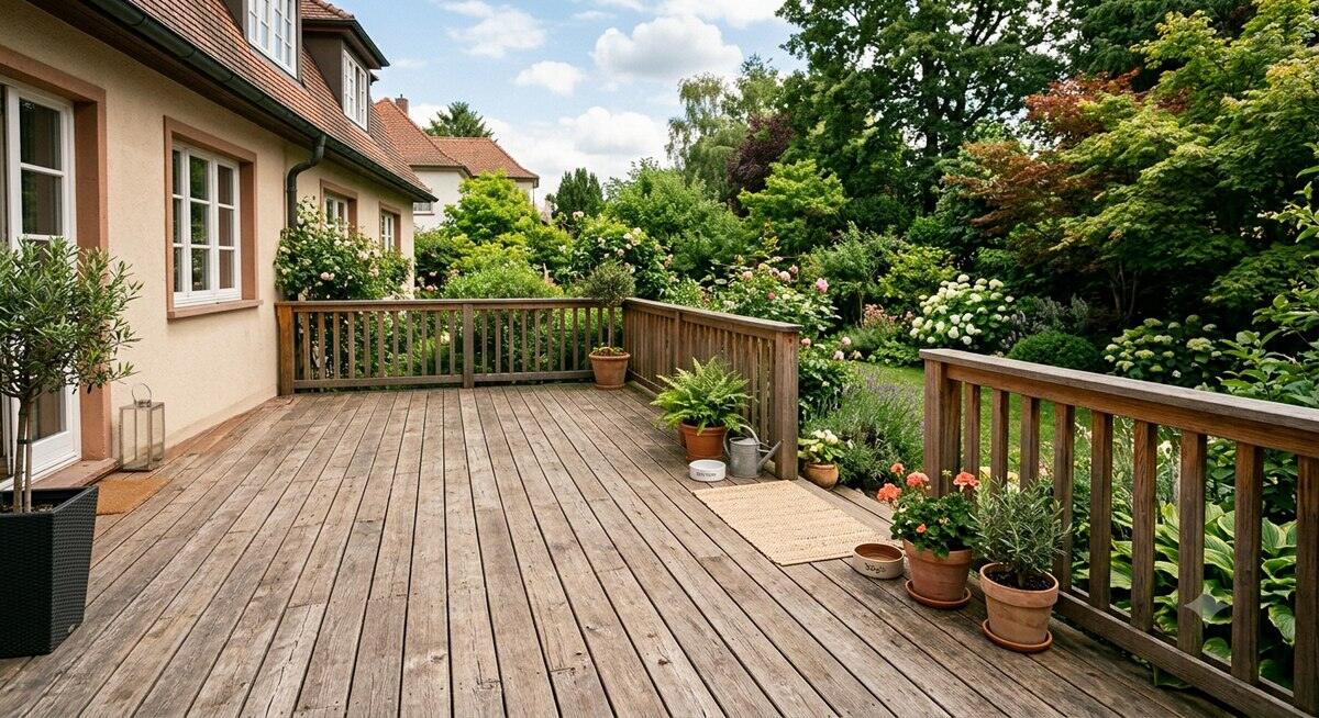 Terrasse mit Holzdielen und Gartenmöbeln